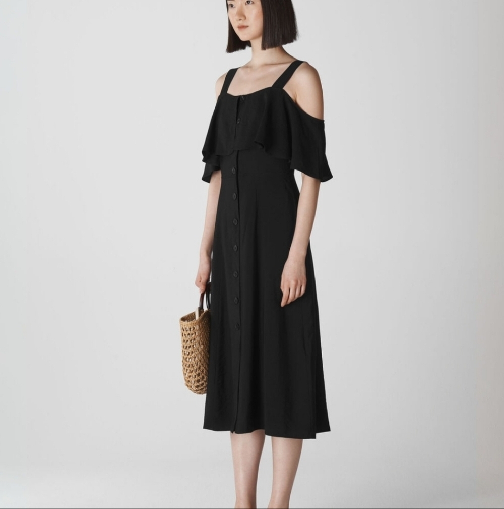 Whistles Elegant Black Frill Button Off-Shoulder Minimalist Midi Dress Sz US 8